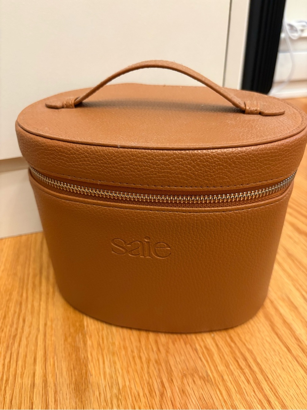 Saie Tan Leather Travel Cosmetic Case with Top Handle